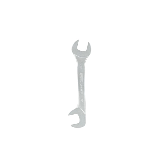 Photo of PROTO J3332W open-end wrench, silver, dual head, top view, hand tool category, white background.