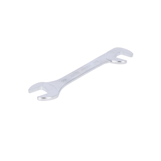 Photo of PROTO J3332W open-end wrench, silver, double-ended, angled, tool on white background.