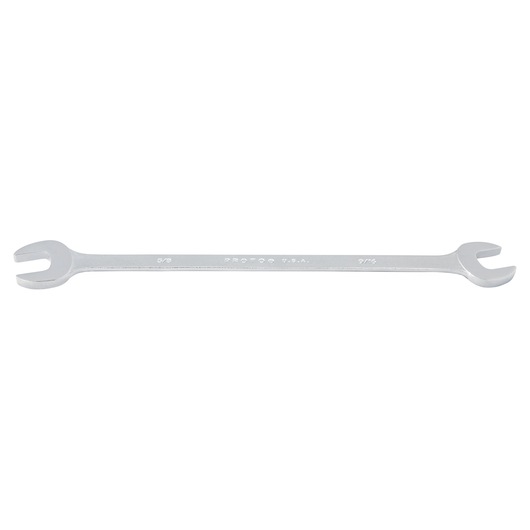 PROTO J3430 double open-end wrench, silver, 5/8 and 9/16 inch, flat angle on white background.