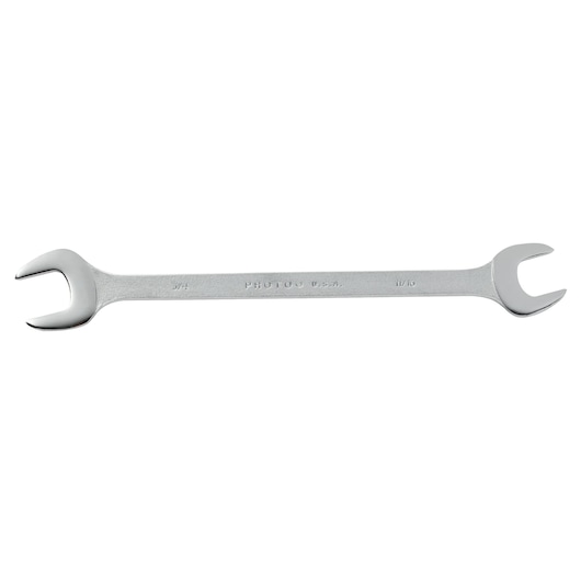 PROTO J3435 open-end wrench, silver finish, two different jaw sizes, photography, top angle on white background.