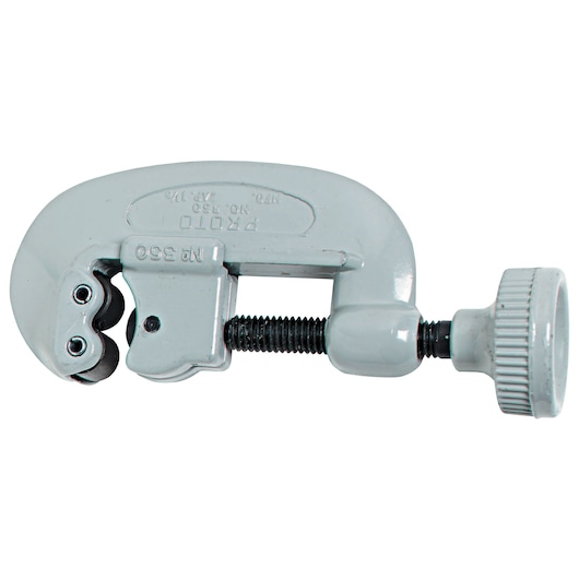 Photo of PROTO J350 pipe cutter, silver metal tool with adjustment knob, side angle, white background.