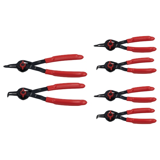 PROTO J360AA snap ring pliers set with red handles, six pieces, front angle, white background.