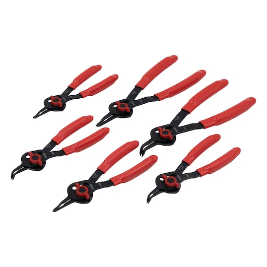 PROTO J360AA photography of snap ring pliers set with black jaws and red handles, white background angle.