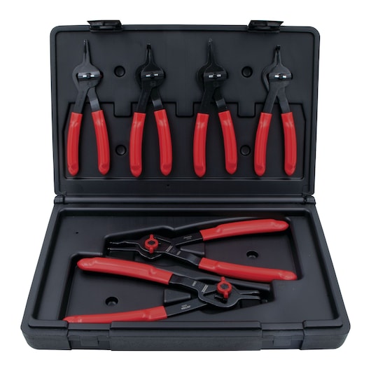 PROTO J360AA snap ring pliers set in black case, red handles, product photography, front angle.