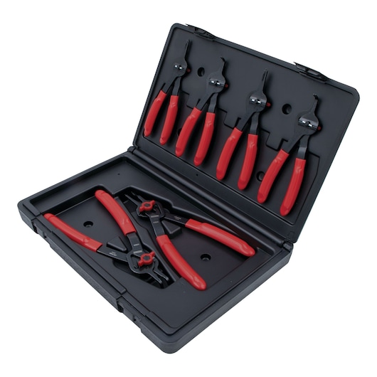PROTO J360AA photography of snap ring pliers set in black case with red handles, angled view.