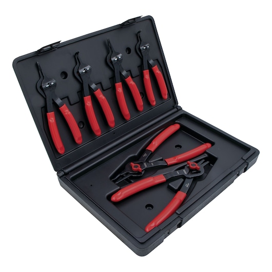 PROTO J360AA photography of red-handled pliers set in black carrying case, product angle on white background.