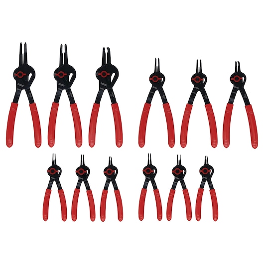 PROTO J360BA pliers set with red handles, twelve tools shown in front view on white background.