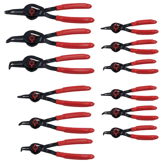 PROTO J360BA photography of black and red snap ring pliers set, multiple angles, white background.