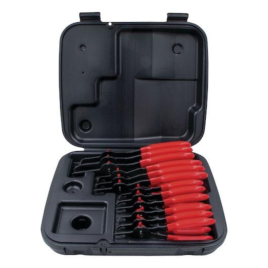 PROTO J360BA pliers set with red handles arranged in a black case, top-down view.