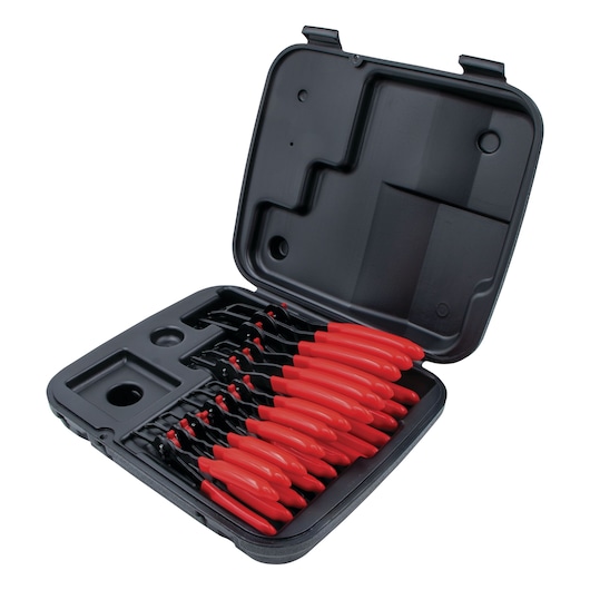 PROTO J360BA photography of pick and hook set with red handles in open black carrying case, angled view.