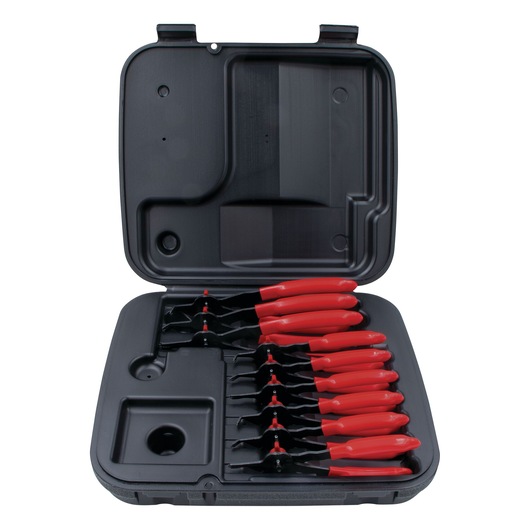 Black toolkit with assorted red-handled pliers for repair work and easy transport.