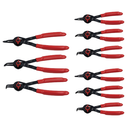 PROTO J360DA snap ring pliers set with red handles, multiple angles on white background.