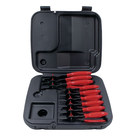 PROTO J360DA pliers set with red handles in black plastic case, open, top-down angle.