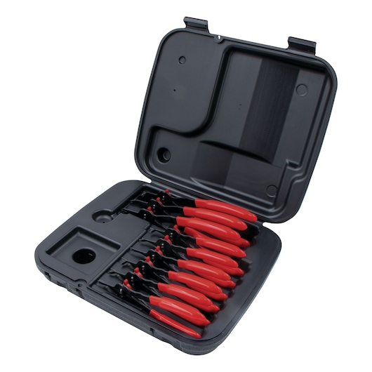 PROTO J360DA photography of red-handled pick and hook tool set in open black hard case, angled view.