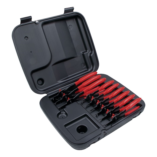 PROTO J360DA photography of snap ring pliers set with red handles in open black carrying case, angled view.
