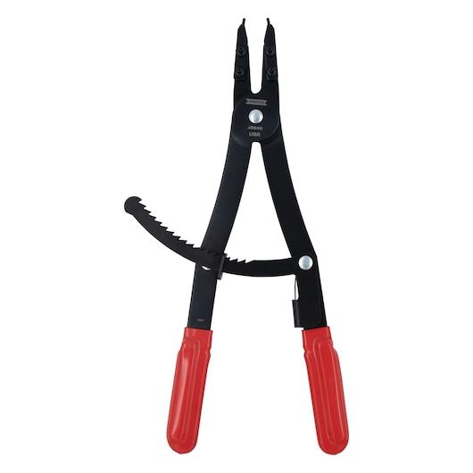 PROTO J364A pliers with black body, red handles, and gear mechanism, front angle, on white background.
