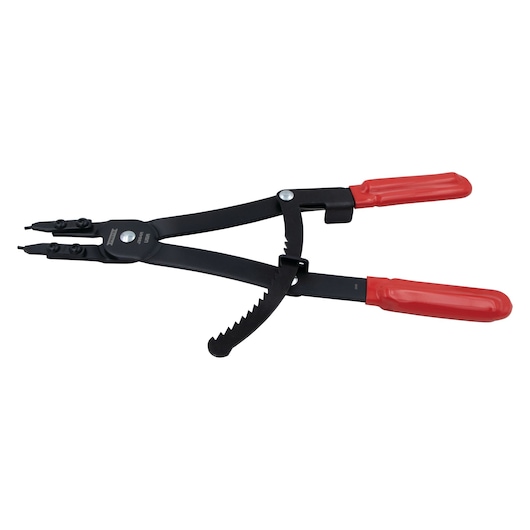 PROTO J364A black snap ring pliers with red handles, side view, on white background.
