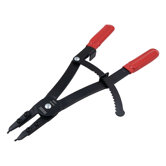 PROTO J364A snap ring pliers with black body and red handles, front angle on white background.