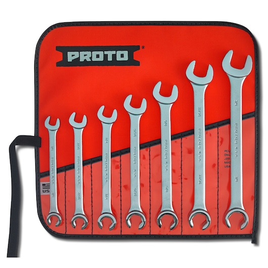 PROTO J3700A wrench set in red roll-up pouch, front angle, seven silver open-end wrenches in various sizes.