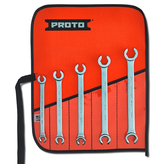Photo of PROTO J3700M combination wrench set with five wrenches displayed in a red carrying pouch, top-down view.