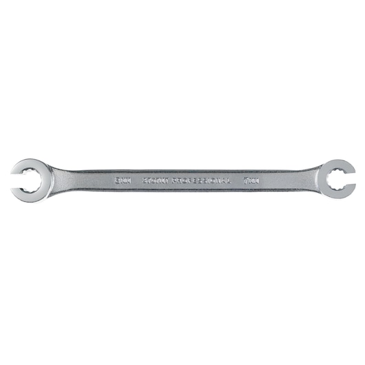 PROTO J3707MT double ended flare nut wrench, chrome finish, 8mm and 7mm, top view, white background.