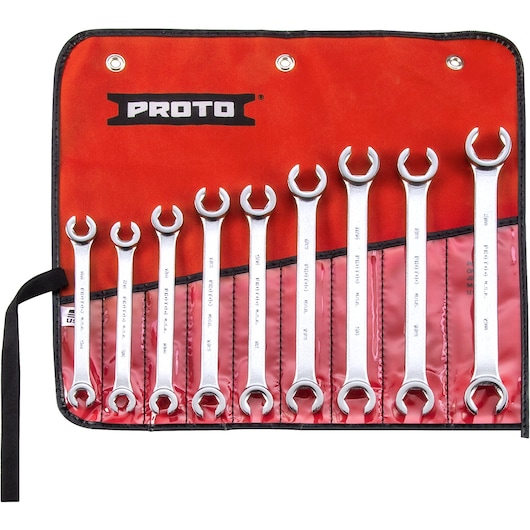 PROTO J3740 wrench set photography, nine open-end wrenches in a red fabric roll-up pouch, top view.