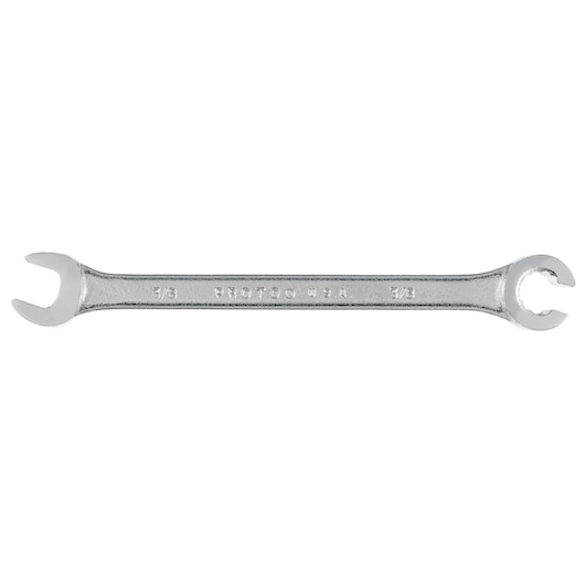 PROTO J3751T silver combination flare nut wrench, top view on white background.