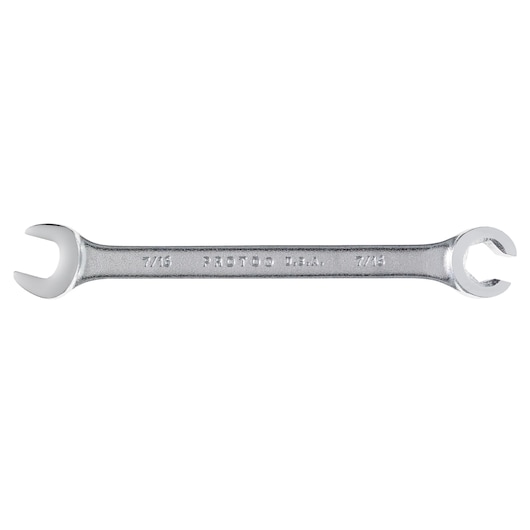 PROTO J3752 chrome open-end wrench with 7/16 inch openings, product photography on white background.