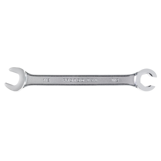 PROTO J3753 open-end wrench, chrome finish, dual 1/2-inch jaws, top view on white background.