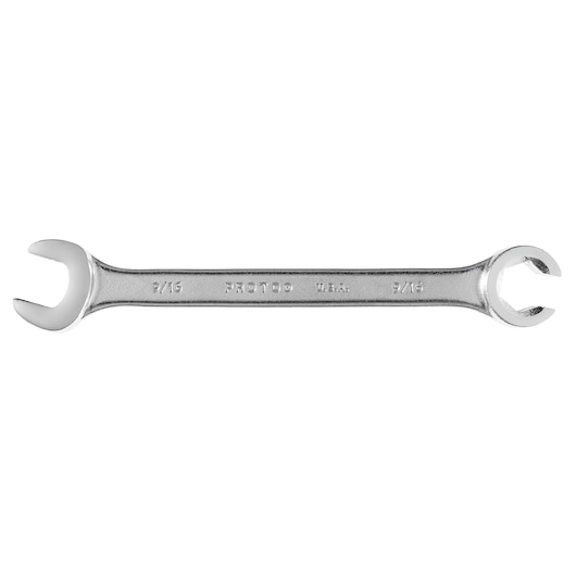 Photo of PROTO J3754 chrome open-end wrench, dual head, front angle on white background.