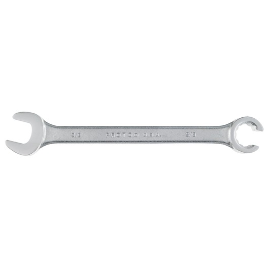 PROTO J3755T chrome combination flare nut wrench with open and flare nut ends, horizontal view on white background.