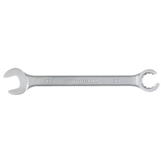 PROTO J3755T combination open-end and flare nut wrench, silver metal, product photography, side view.