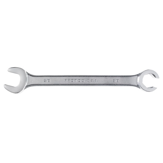 PROTO J3755 chrome finish open-end wrench, 3/8 size, top view on white background