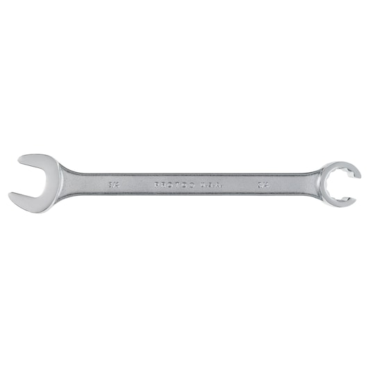 PROTO J3757T silver combination wrench with open end and flare nut end, photography on white background.
