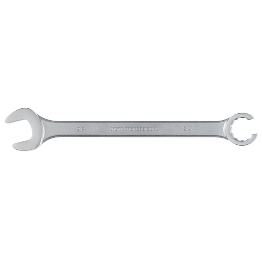 PROTO J3757T combination wrench, silver metal, open-end and crowfoot end, top view on white background.