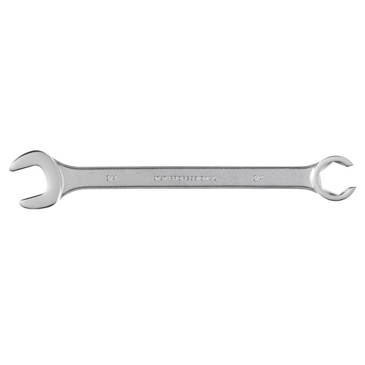 PROTO J3757 chrome finish open-end wrench, photography, side view on white background.