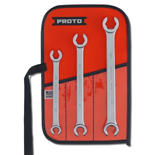 PROTO J3760 open-end wrench set of three, silver, in a red tool pouch, front view on white background.