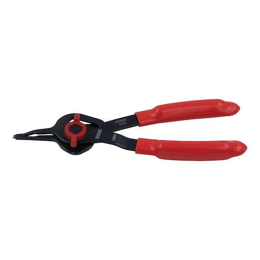 PROTO J399A snap ring pliers with red handles, flat lay angle, white background.