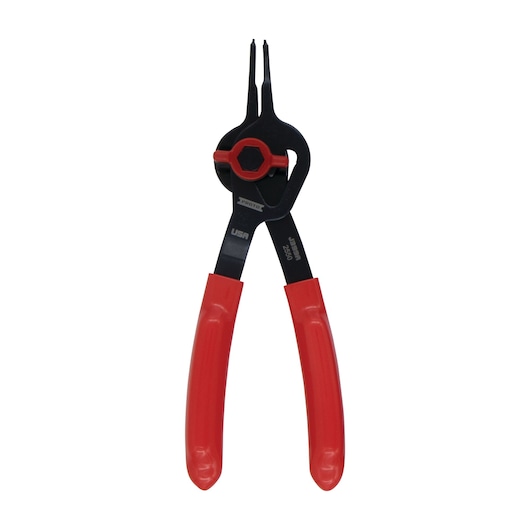 PROTO J399A snap ring pliers with red handles, front angle on white background