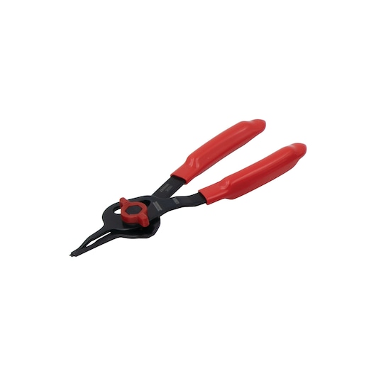 PROTO J399A black snap ring pliers with red insulated handles, side angle, on white background.