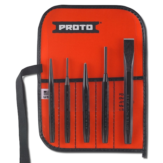 PROTO J3S2 punch and chisel set in orange case, front angle, five black tools organized inside.