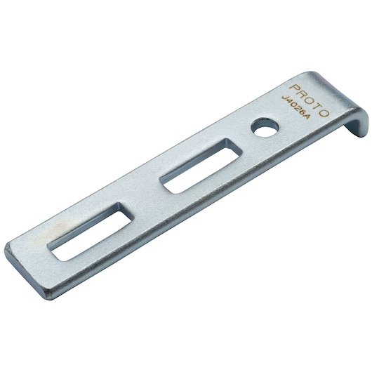 PROTO J4026A flat metal slotted bar with two rectangular cutouts and one round hole, angled view on white background.