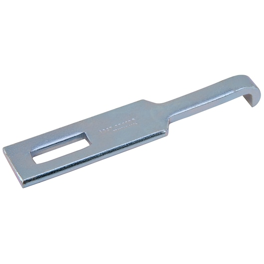 PROTO J4027 silver steel spanner wrench with slotted end and angled hook, front angle on white background.