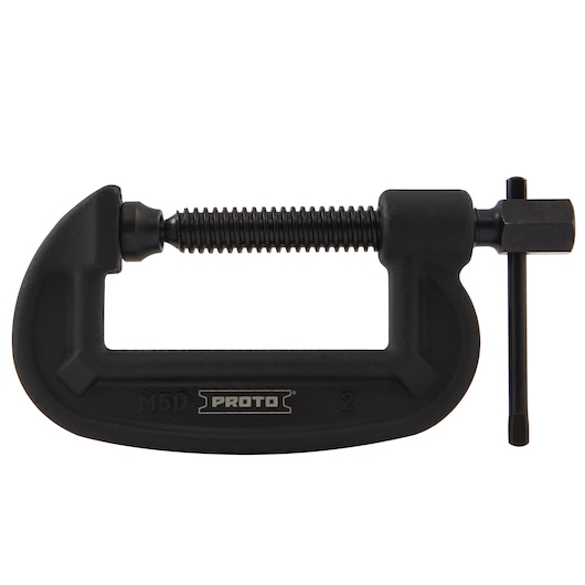 PROTO J402A black C-clamp, side angle, steel frame and screw, photography of clamp tool on white background.