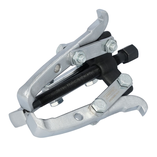 PROTO J4034A gear puller in silver and black, side angle, showing adjustable arms and threaded rod.