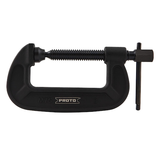 Photo of PROTO J403A black C-clamp, side angle, metal body with screw mechanism, on white background.