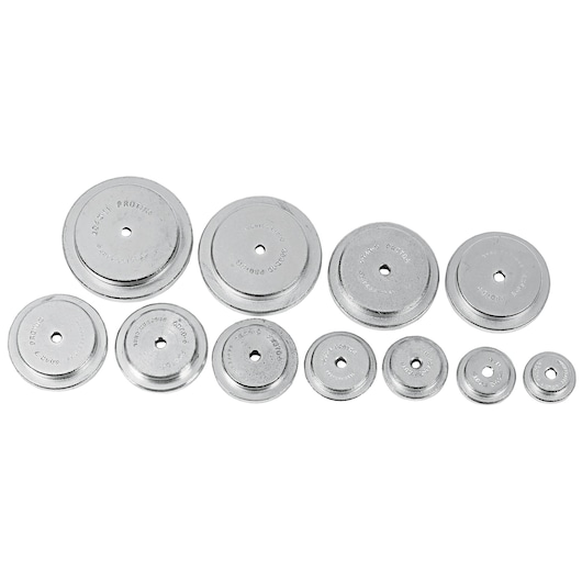PROTO J4040 set of ten silver round bearing race collars, photography on white background.