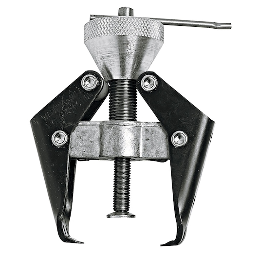 PROTO J4041 gear puller tool front angle, metallic body with black arms, photography on white background.