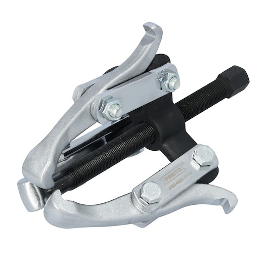A close-up image of a PROTO J4046A gear puller, a metal hand tool with three adjustable arms and a central threaded rod, used for removing gears, pulleys, or bearings in mechanical and automotive applications.