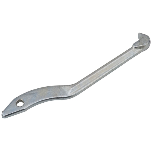 PROTO J4056-6 silver spanner wrench with curved handle, hole at end, side angle on white background.
